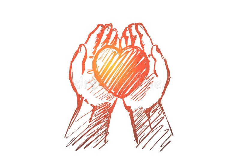 Coeur tiré par la main dans des paumes humaines illustration stock Coeur tiré par la main dans des paumes humaines illustration stock