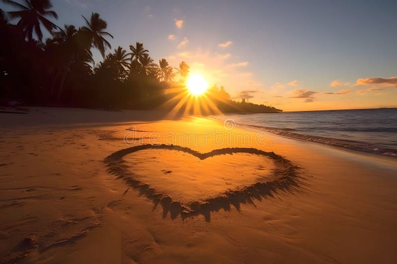 Heart drawn on the sand by the sea at sunset. Heart as a symbol of affection and love. The time of falling in love and love. Heart drawn on the sand by the sea at sunset. Heart as a symbol of affection and love. The time of falling in love and love