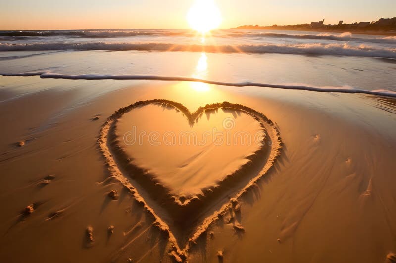 Heart drawn on the sand by the sea at sunset. Heart as a symbol of affection and love. The time of falling in love and love. Heart drawn on the sand by the sea at sunset. Heart as a symbol of affection and love. The time of falling in love and love