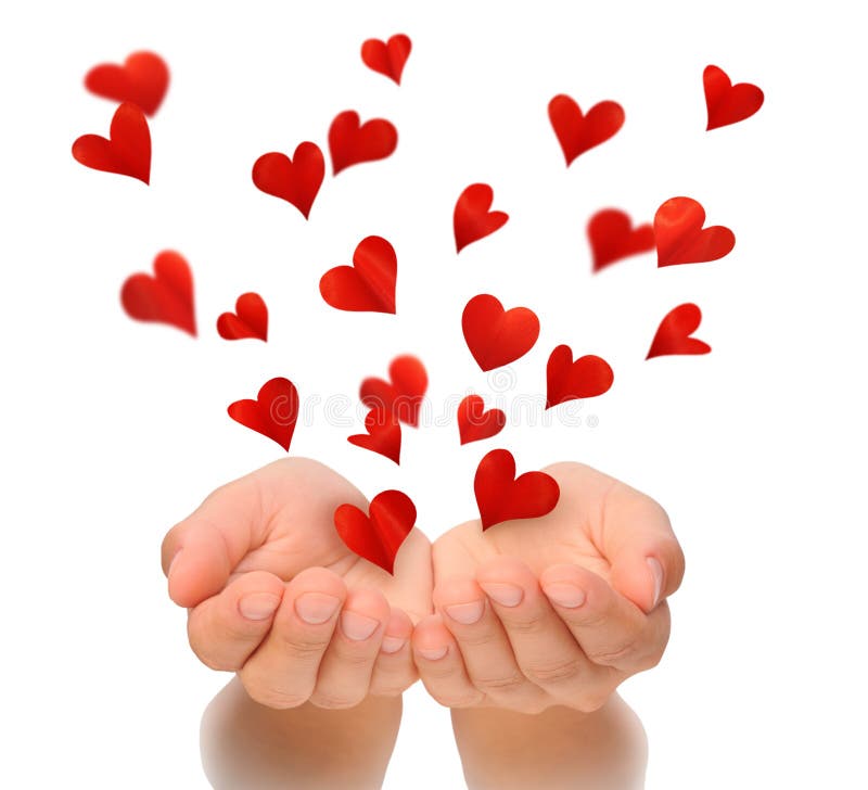 Coeurs de vol des mains évasées de la jeune femme, Saint-Valentin, carte d'anniversaire image stock Coeurs de vol des mains évasées de la jeune femme, Saint-Valentin, carte d'anniversaire image stock