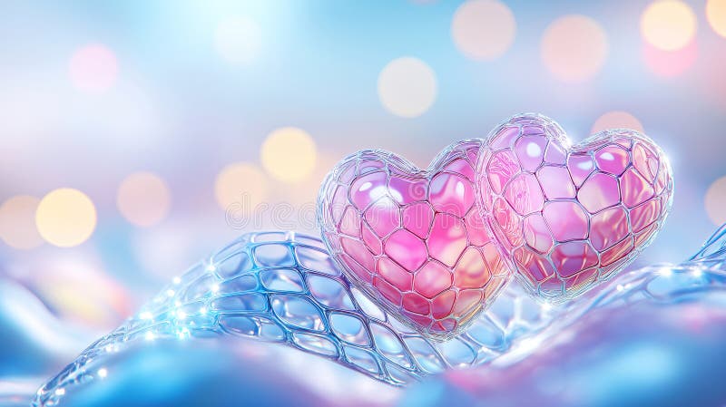 Coeurs roses romantiques entourés d'un maillage délicat sur fond de bokeh onirique. fête des valentines fond illustration libre de droits
