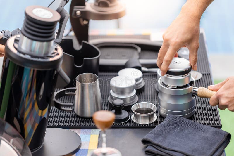 Coffee Barista Making a Hot Coffee with Many Types of Equipment on the