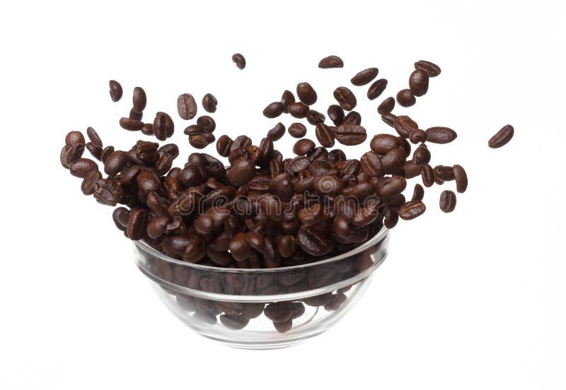 Coffee Bean Fall Down Pour in Glass Bowl, Coffee Seeds Float Explode