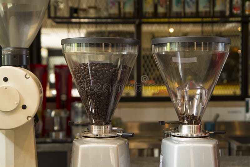 Coffee Beans in Blend Container Machine in Coffee Shop Counter Stock