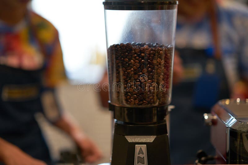 Coffee Beans in Blend Container Machine in Coffee Shop Counter Stock