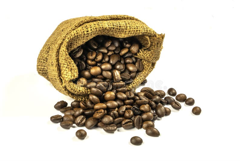 Coffee Beans in a Coffee Burlap Bag on White Background.shallow Focus Effect Stock Photo Image