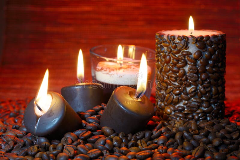 Coffee Beans and Burning Candles Stock Photo - Image of brown, fiber