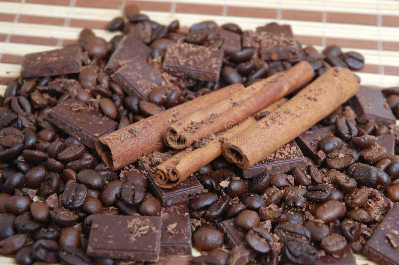 Coffee beans with cinnamon and chocolate