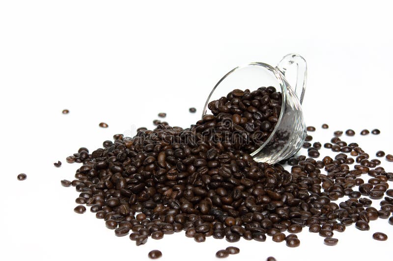 Coffee Beans in a Clear Cup of Coffee Installed on a White Background