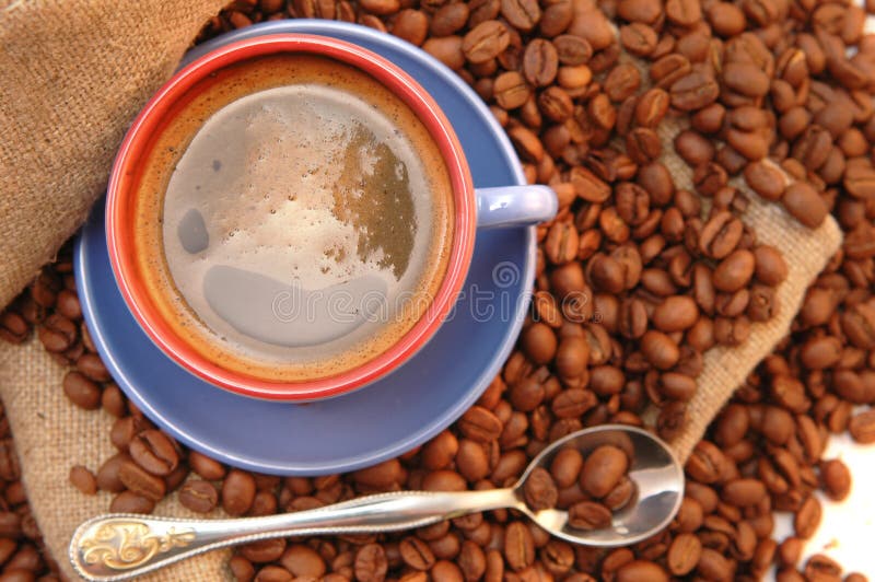 Coffee beans, and cup