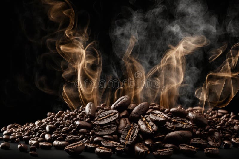 Coffee Beans Fall in Smoke on a Black Background. Roasting Coffee Stock