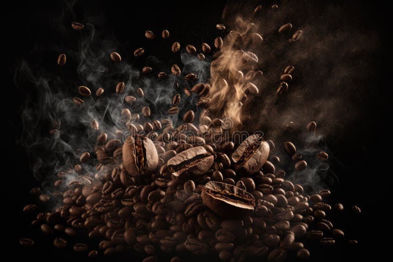 Coffee Beans Fall in Smoke on a Black Background. Roasting Coffee Stock