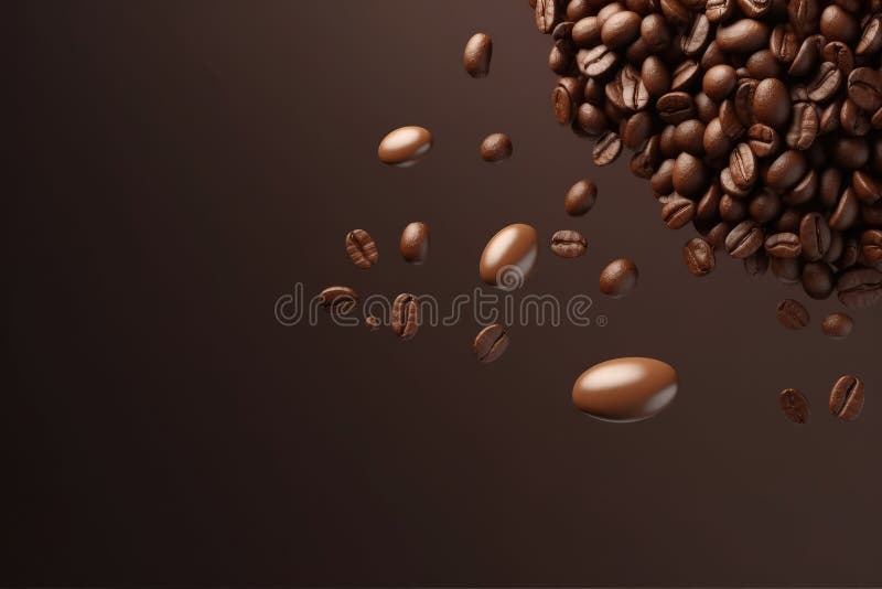 Coffee Beans Fly and Fall on Dark Brown Background. Generative AI Stock