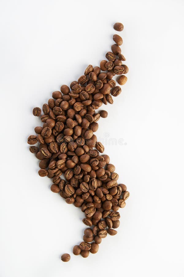 Coffee beans in the form of steam, top view isolated on white background.