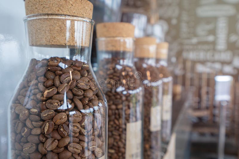 Coffee Beans in the Glass Bottle at Cafe Stock Photo Image of
