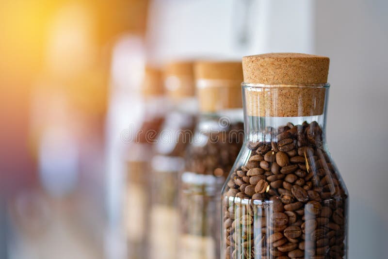 Coffee Beans in the Glass Bottle at Cafe Stock Image Image of beans
