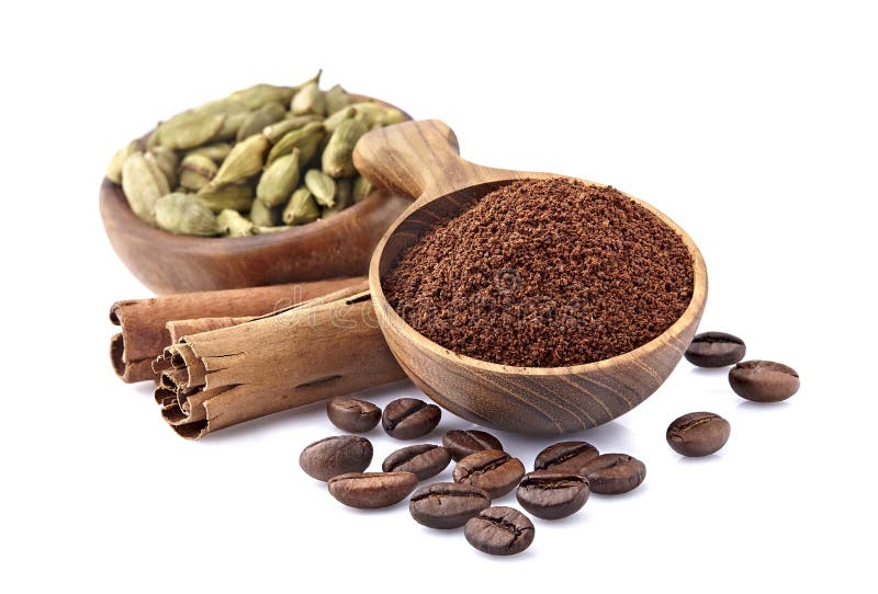 Coffee Beans and Ground Coffee with Cinnamon and Cardamom. Coffe with