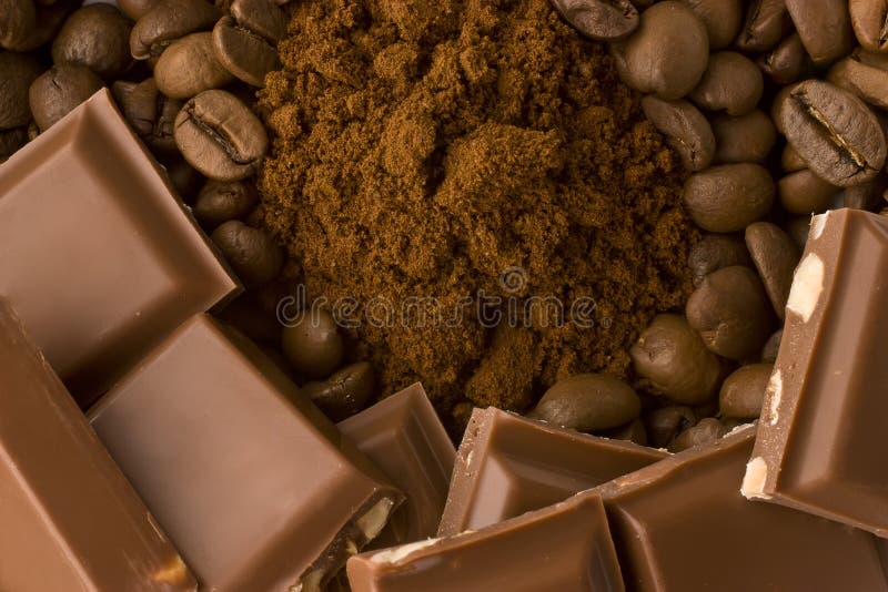 Coffee beans, ground coffee with chocolate bars