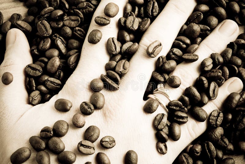 Coffee beans and hand