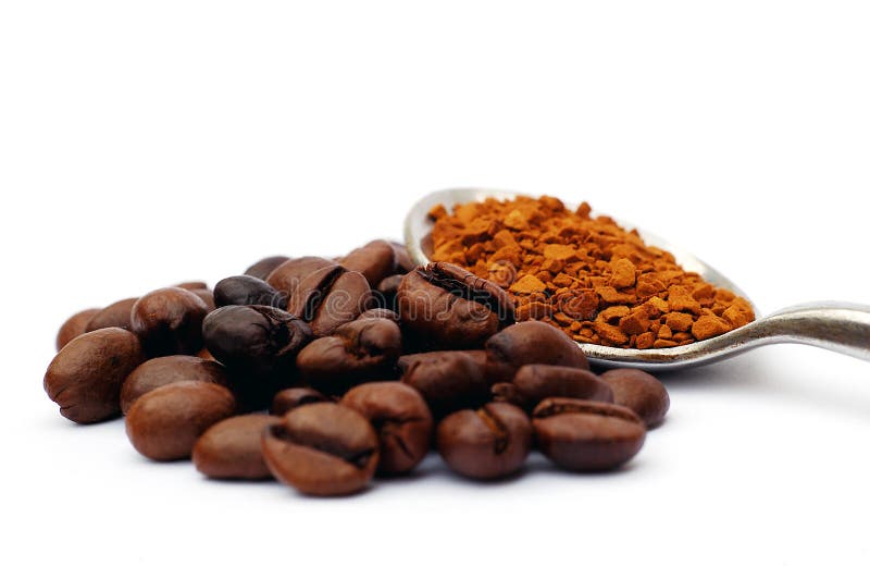 Coffee beans and instant coffee on white background