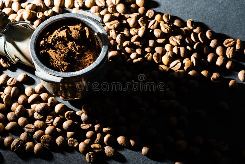 Coffee Beans in the Coffee Machine Horn. Postcard for Cafes and