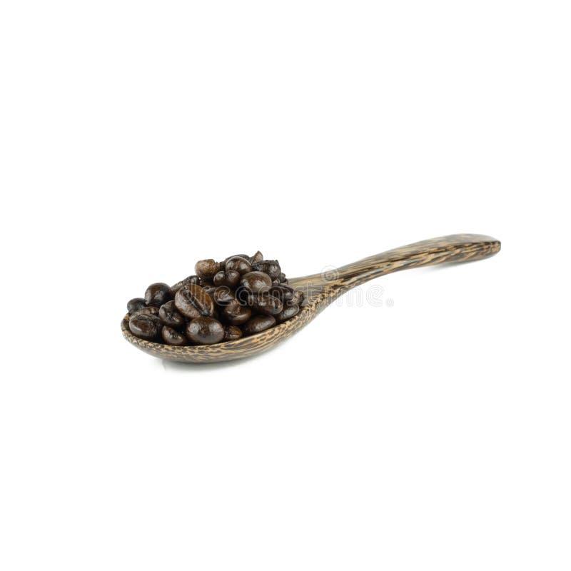 Coffee Beans in Olive Wood Spoon, Isolated on White Stock Image Image