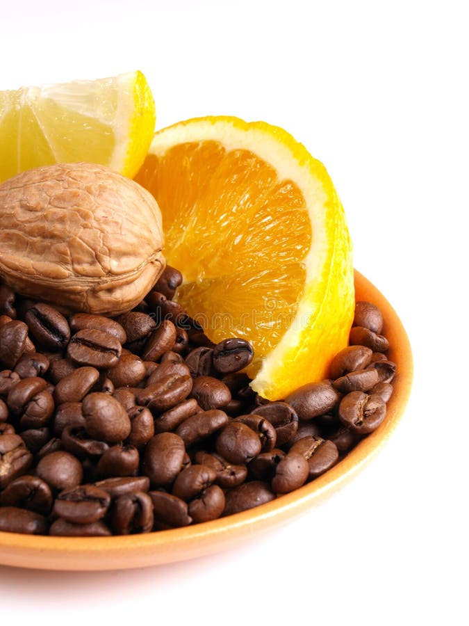 Coffee beans oranges, lemon