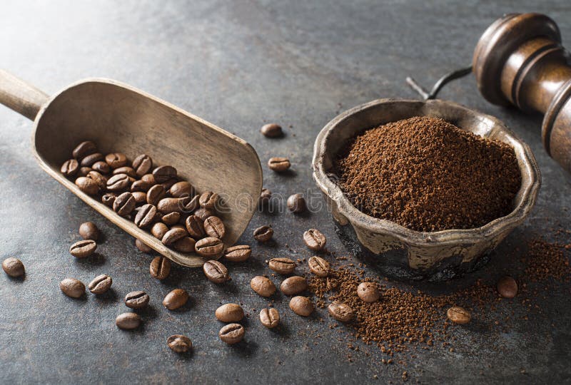 Coffee Beans and Fresh Coffee Powder Stock Photo Image of seed, foam