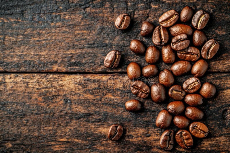 Coffee beans on rustic wooden table stock illustration