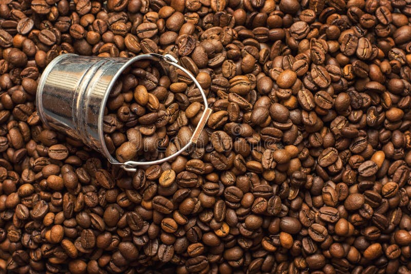 Coffee Beans Texture with a Small Decorative Bucket Stock Photo Image