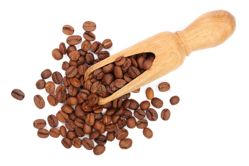 Coffee beans in wooden scoop isolated on white background top view