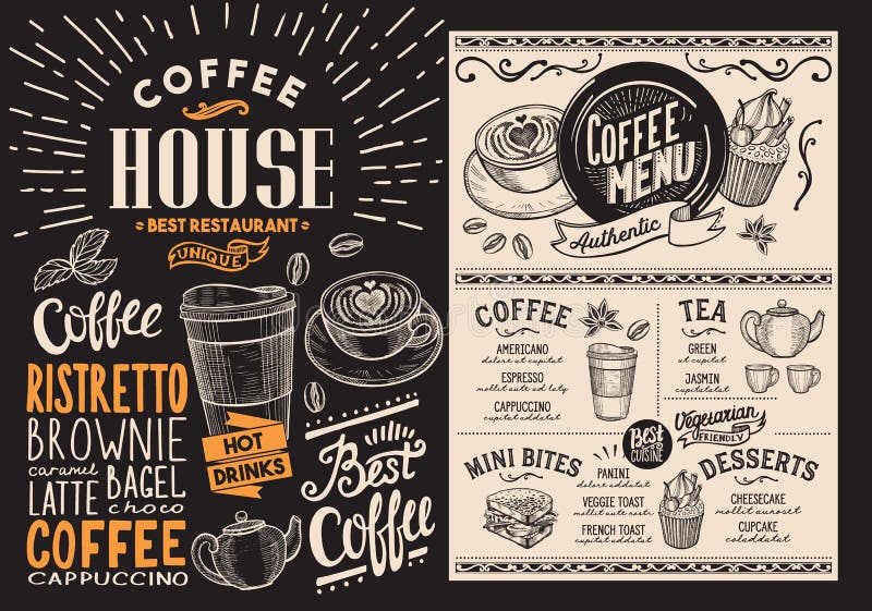 Coffee and beverage restaurant menu. Drink flyer for bar and cafe. Design template with vintage hand-drawn food illustrations. royalty free illustration Coffee and beverage restaurant menu. Drink flyer for bar and cafe. Design template with vintage hand-drawn food illustrations. royalty free illustration