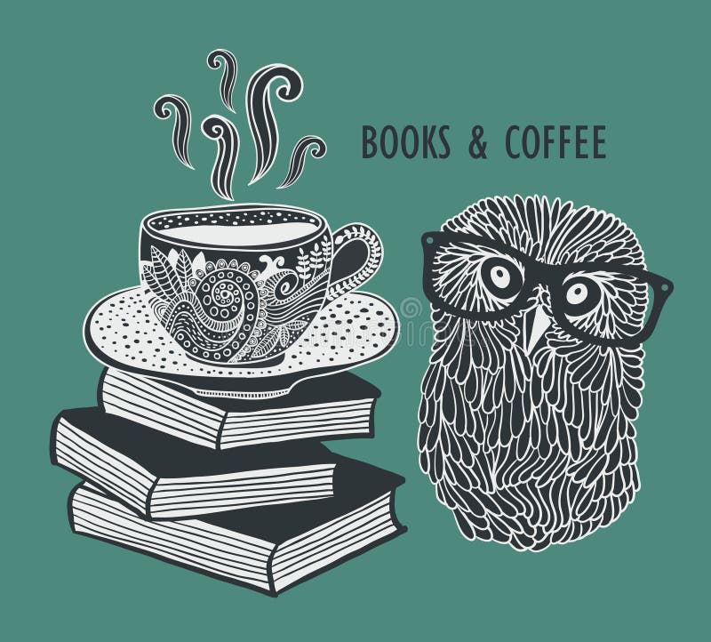 Coffee and books with cute clever owl in