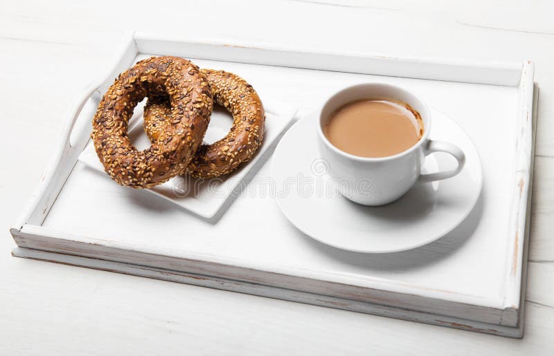 Pretzels with coffee stock image. Image of pastry, drink 74902065