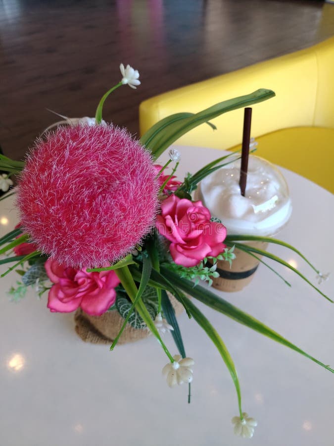Coffee Break and Pink Flower at Coffee Shop Stock Photo Image of table, background 79163726