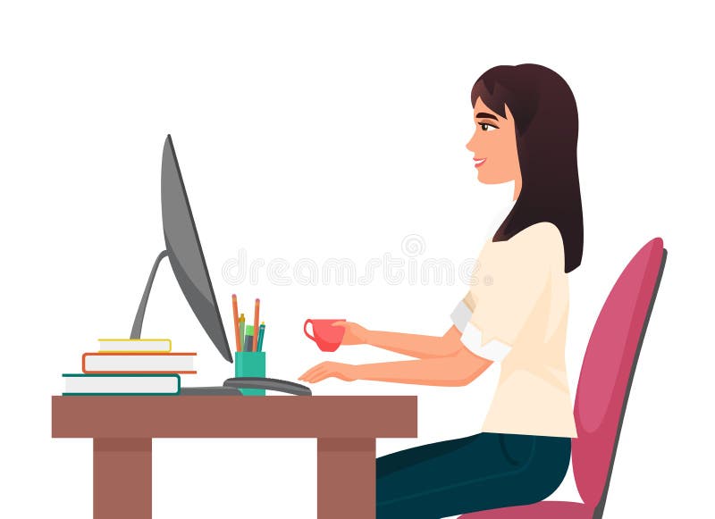 Coffee break time at office workplace, businesswoman drinking coffee, working at computer stock illustration