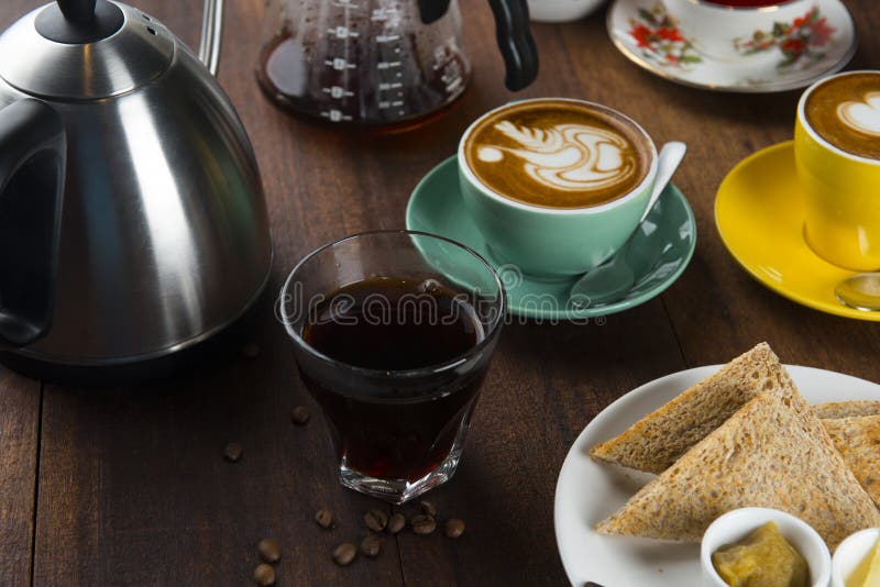 Coffee and breakfast items stock image. Image of sugar 110606381