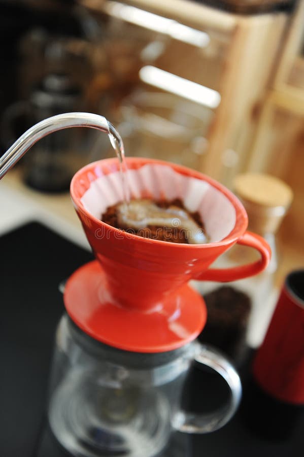 Coffee Brewing Process. Red Ceramic Dripper. Gooseneck Kettle Stock Photo Image of