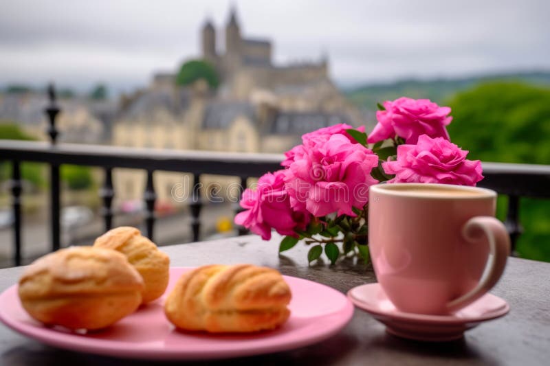 Coffee and cakes on the terrace of the cafe, castle background