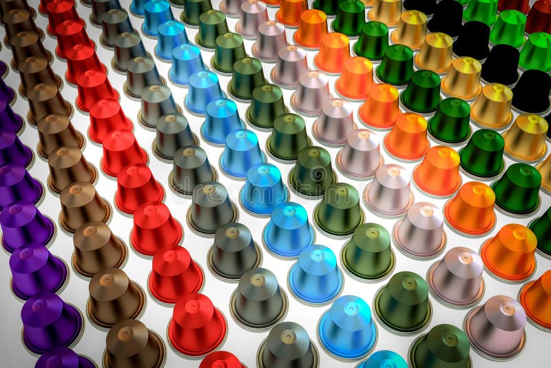 Coffee capsules multicolored aranged in rows