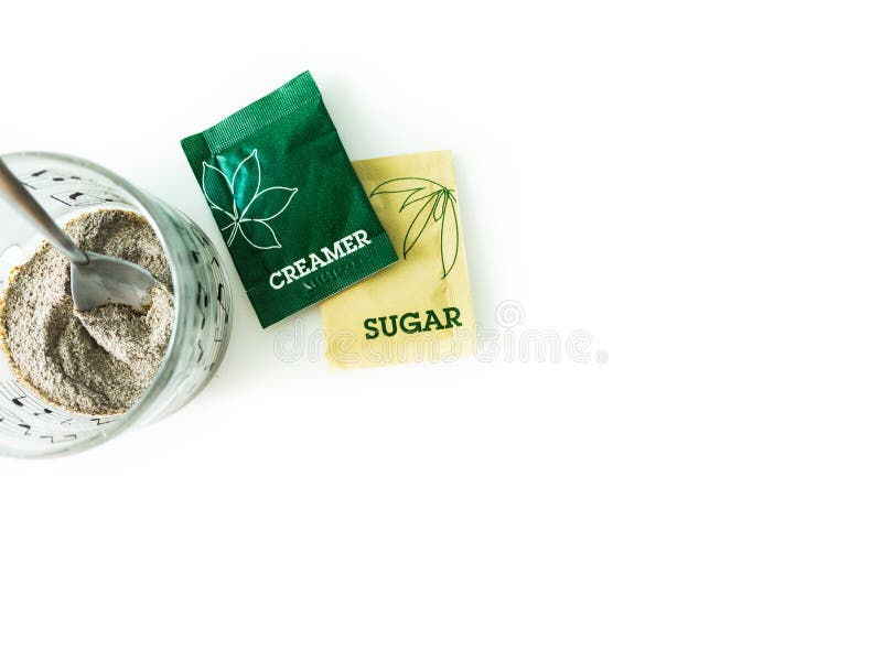 Coffee, Coffee Cup, Creamer Sachets, Sugar Packets for Breakfast Stock