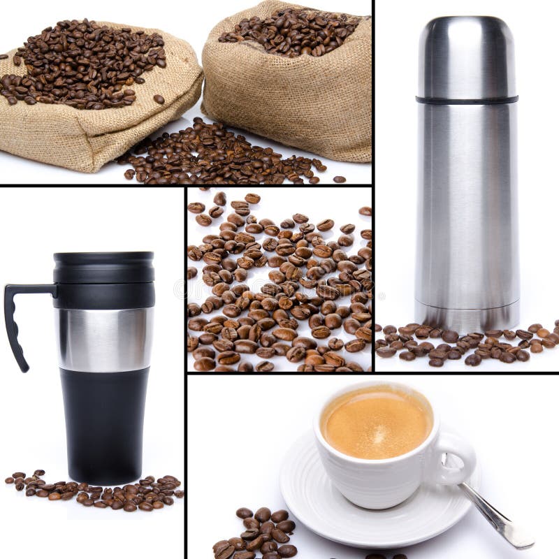 Coffee Collage, Beans, Cup Of Coffee, Thermos Flask Stock