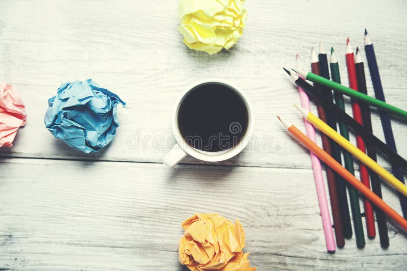 Coffee with Colorful Pencils and Papers Stock Image Image of