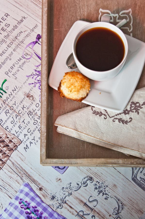 Coffee and cookie on tray stock images Coffee and cookie on tray stock images