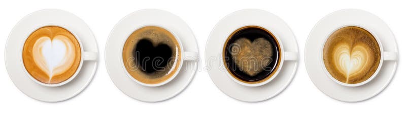 Coffee cup assortment with heart sign top view collection isolated on white background