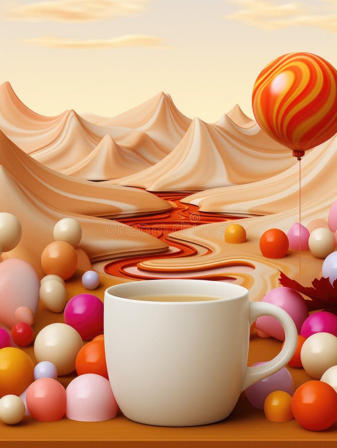 A Coffee Cup and a Balloon are on a Table, AI Stock Illustration