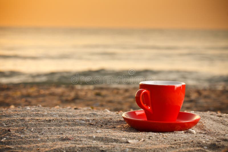 White Espresso Coffee Cup with Ocean , Seashell, Beach and Seascape