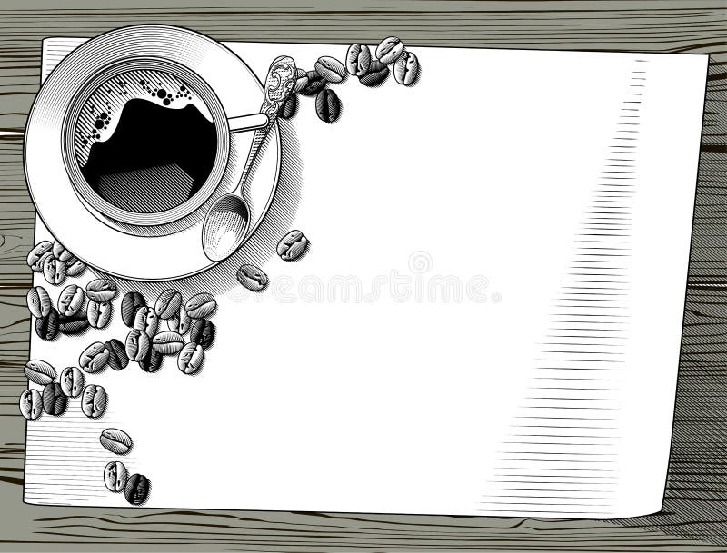 Coffee cup with coffee beans and a paper sheet