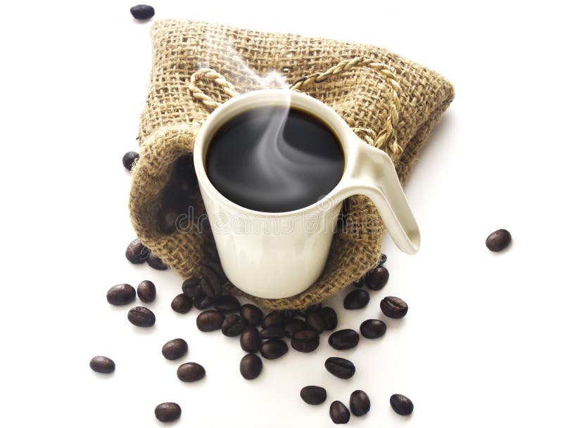 Coffee cup and coffee beans on sack white background