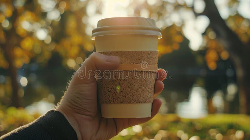 Coffee Cup con banda di sughero in rilassamento con Park Scene EcoFriendly Concept fotografie stock